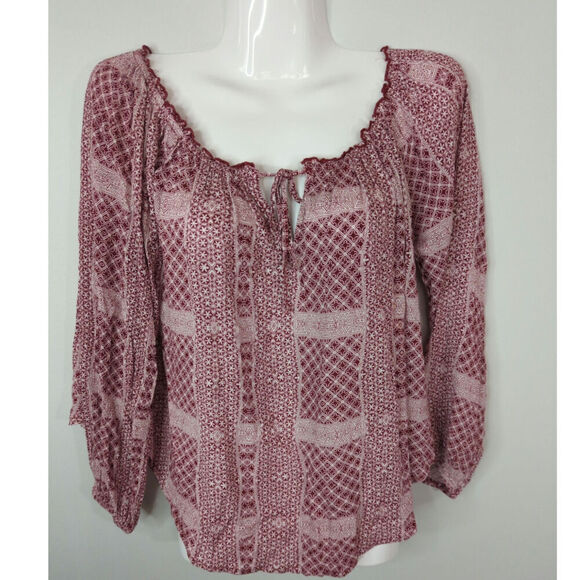 Abercrombie & Fitch Tops - Abercrombie &‎ Fitch Red & White Patchwork Tie Neck Peasant Top Size S